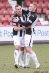 Stephen Husband and Ryan Thomson celebrate the win. Pars v Cowdenbeath 20th April 2013.