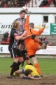 Pars v Stenhousemuir 8th March 2014. Callum Morris and Jonathon Page put pressure on Chris Smith.